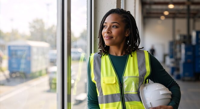Confident Black female engineer in a safety vest looking out a warehouse window. Industrial worker or supervisor holding a hard hat. Logistics and leadership in the workplace concept