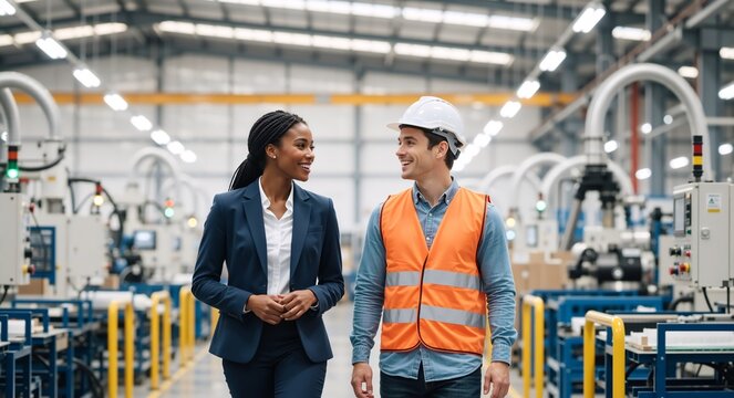 A female manager and a male factory worker walking and talking together in a large industrial plant. Professional colleagues collaborating on a production line. Teamwork and diversity - Powered by Adobe
