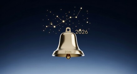 Golden bell rings in the new year 2026 with sparkles
