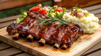 Delicious Barbecue Ribs with Sides of Salad and Mashed Potatoes