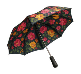 Compact umbrella featuring a floral canopy and a rubberized black handle.