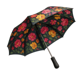 Compact umbrella featuring a floral canopy and a rubberized black handle.