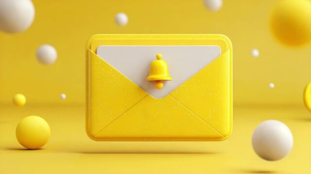 A stylized yellow envelope with a bell rests against a yellow backdrop with scattered floating spheres