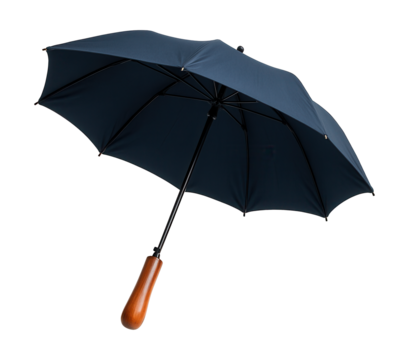 Compact navy blue folding umbrella featuring a wooden handle.