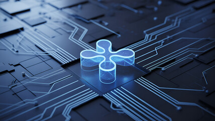 Futuristic blue processor with glowing circuitry for innovative tech solutions, representing advanced technology in a digital age, power and sleek modern design