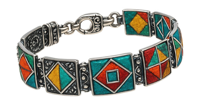Handcrafted bracelet featuring vibrant geometric patterns and metal details.