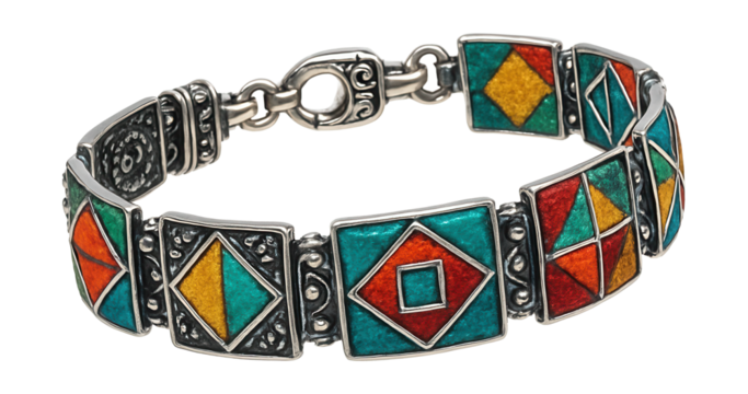 Handcrafted bracelet featuring vibrant geometric patterns and metal details.