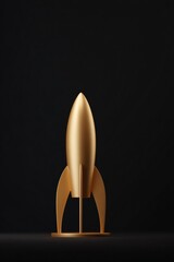 Launching a golden rocket sculpture modern art gallery art installation minimalistic setting front view innovation theme