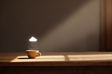 Steaming coffee cup with cloud of vapor indoors product photography warm environment close-up view cozy concept