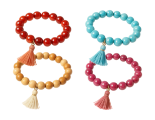 Stretch bracelet cuffs with beads and tassel accents.