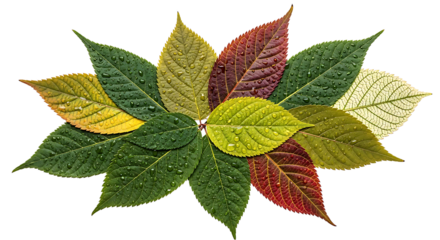 Arrangement of colorful autumn leaves in various stages of decay isolated on transparent background