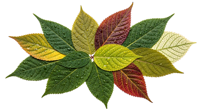 Arrangement of colorful autumn leaves in various stages of decay isolated on transparent background