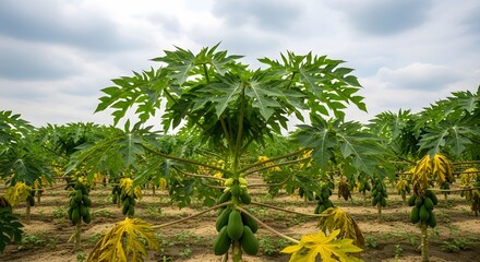 Papaya trees growing in a field under cloudy sky agriculture