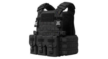 Black tactical vest with pouches and straps isolated on transparent background