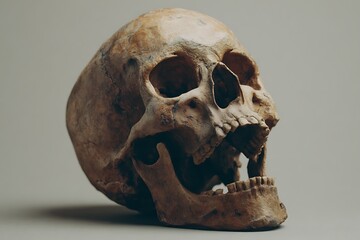Human skull showing jaw opening on gray