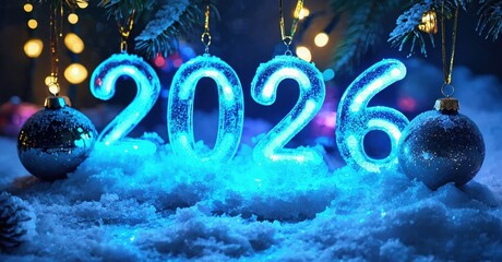 Bright blue numerals spell 2026 amidst snow, ornaments, lights. Festive winter scene evokes new year celebrations.