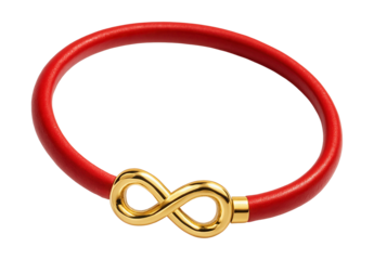 Red bracelet featuring a small gold infinity symbol charm.
