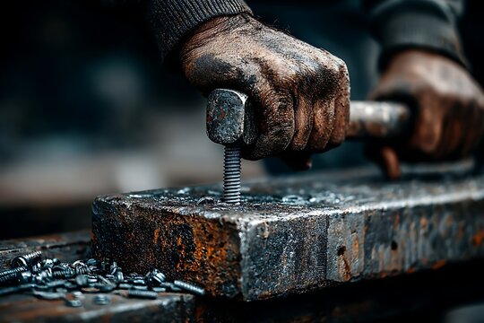 Dirty hands hammering metal bolt in workshop