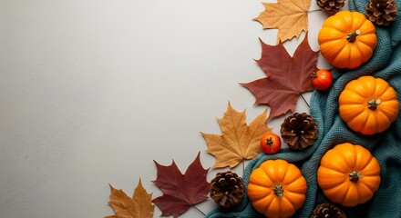 Cozy autumn harvest arrangement with pumpkins and fall leaves