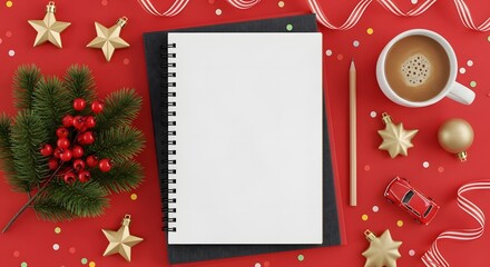 Festive christmas flat lay with notebook coffee and ornaments on red background