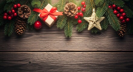 Festive christmas garland adorns rustic wooden background with gifts and ornaments
