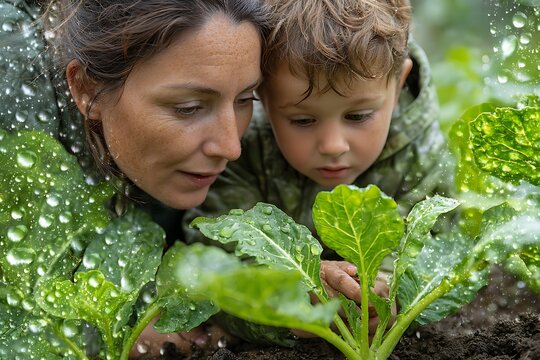 Mother and son gardening outdoors in rain with fresh plants