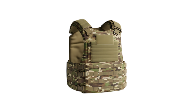 Military camouflage tactical vest body armor protection isolated on transparent background