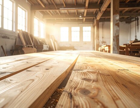 Wood planks foreground; bright workshop background