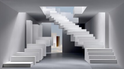 Fototapeta premium Minimalist white floating staircase design in a bright modern space with soft lighting and geometric shapes