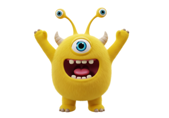 Cheerful yellow furry monster with open mouth and raised arms
