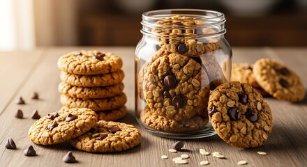 Delicious homemade oatmeal chocolate chip cookies stacked on a rustic wooden table next to a full glass jar, a perfect sweet snack