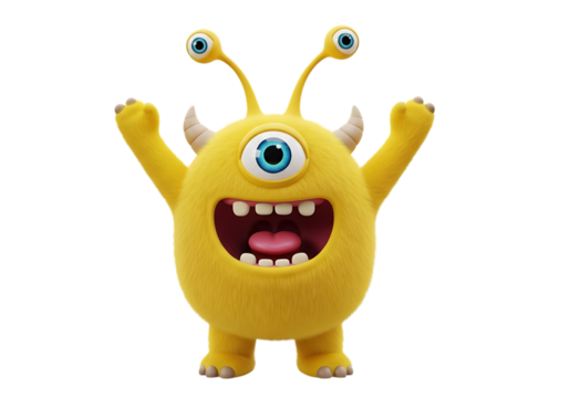 Cheerful yellow furry monster with open mouth and raised arms