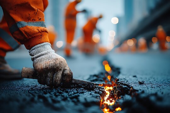 Road worker repairing asphalt surface with hot tar