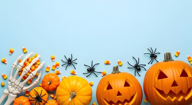 Spooky halloween decorations with carved pumpkins and candy corn border