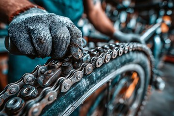 Mechanic hand checking bicycle chain during repair work