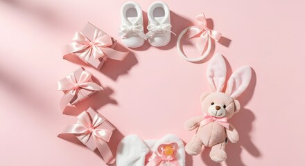 Sweet pink baby shower gifts and toys arranged in a circle on a pink background