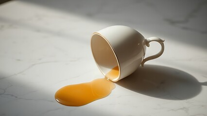 aside. Porcelain teacup pushed aside on marble with tea spill, luxury still life, minimalist composition. menu design, packaging mockups, designed for food delivery and cloud-kitchen brand materials.