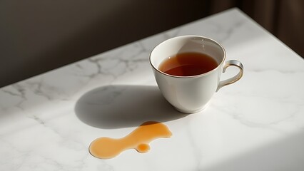 aside. Porcelain teacup pushed aside on marble with tea spill, luxury still life, minimalist composition. menu design, packaging mockups, designed for food delivery and cloud-kitchen brand materials.