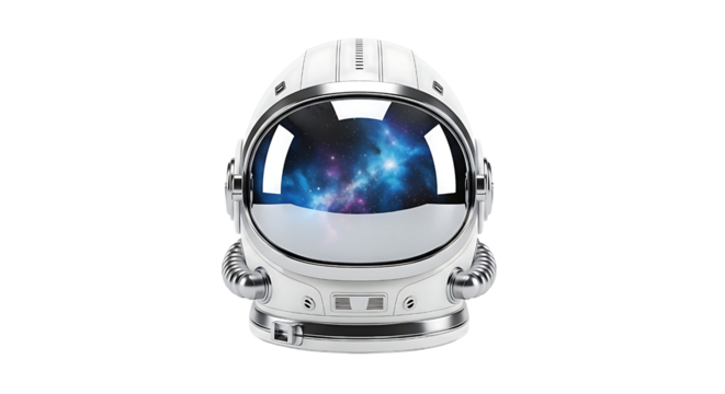 Astronaut helmet reflecting nebula isolated on transparent background space exploration concept