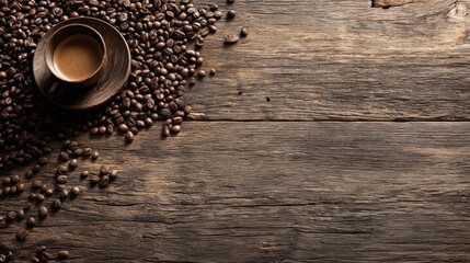 Overhead shot of coffee cup and beans on wooden table.