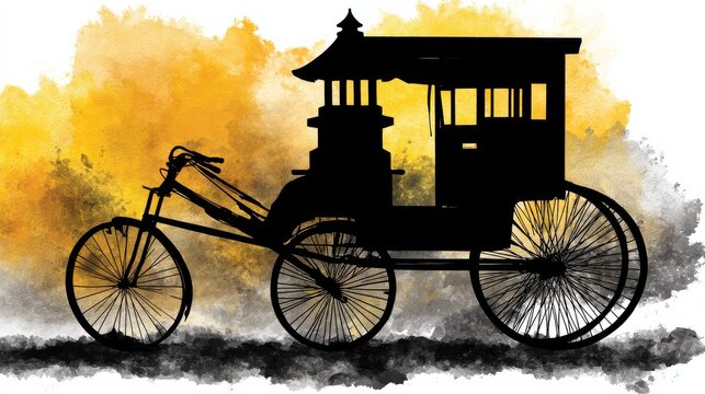 Silhouette art of a rickshaw against a vibrant yellow and black watercolor background, conveying a sense of movement and culture