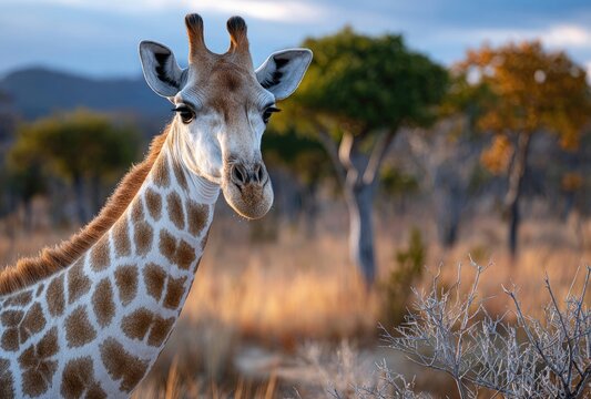 a giraffe standing in the savanna near dry trees