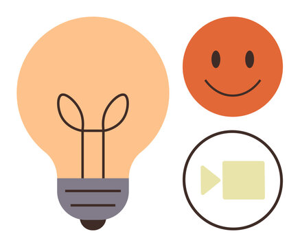 Lightbulb, orange happy face, and video camera highlights ideas, emotions, technology. Ideal for innovation, positivity, communication education teamwork creativity motivation. Simple flat - Powered by Adobe