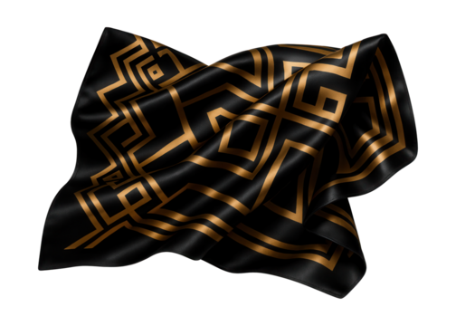 Geometric satin scarf in striking black and gold tones.