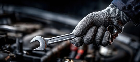 Mechanics Gloved Hand Holding Wrench Over Engine in Dark Garage.