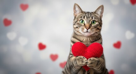 A cute tabby cat with green eyes sits holding a red knitted heart, surrounded by floating red and white hearts against a soft, blurred background