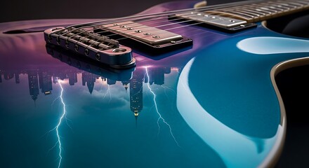 Electric Guitar with Cityscape and Lightning Reflection.