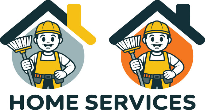 Reliable home services logo design featuring friendly handyman ready for cleaning and maintenance tasks - Powered by Adobe