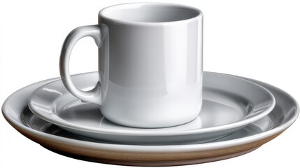 A white ceramic mug rests atop a matching plate, emphasizing simplicity and elegance in a minimalist setting