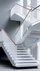 Minimalist white staircase with wooden handrails, showcasing clean lines and modern architectural design